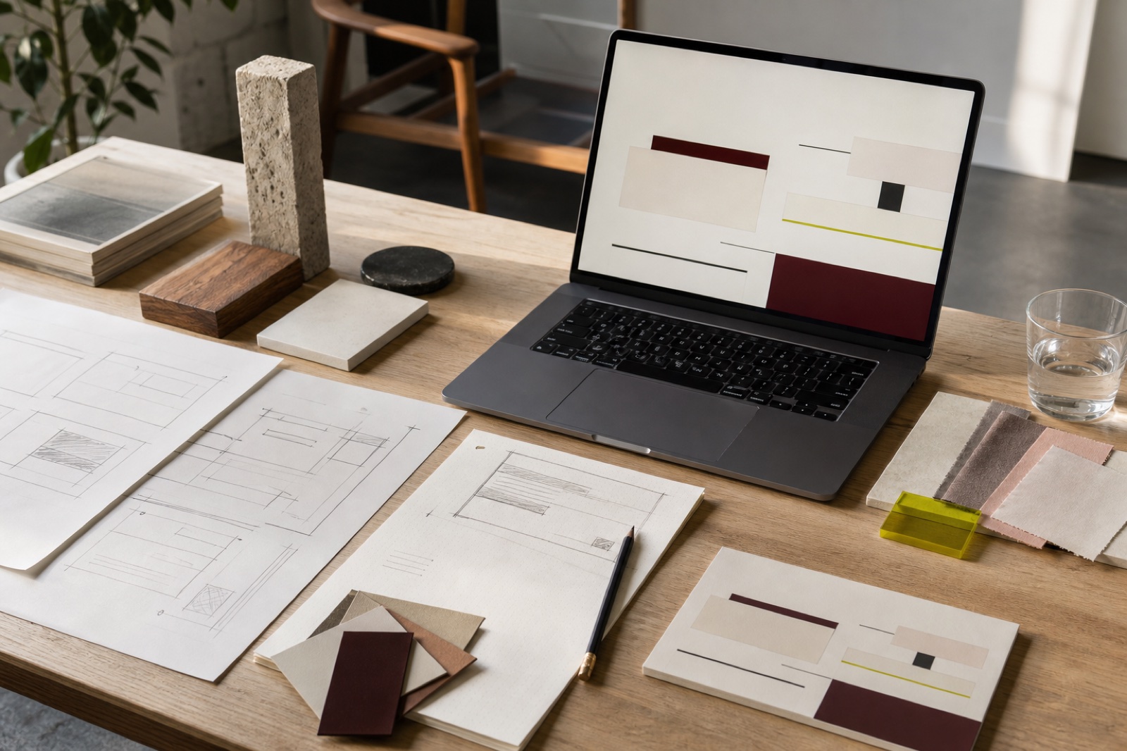 A professional product-design desk showing an idea becoming a prototype