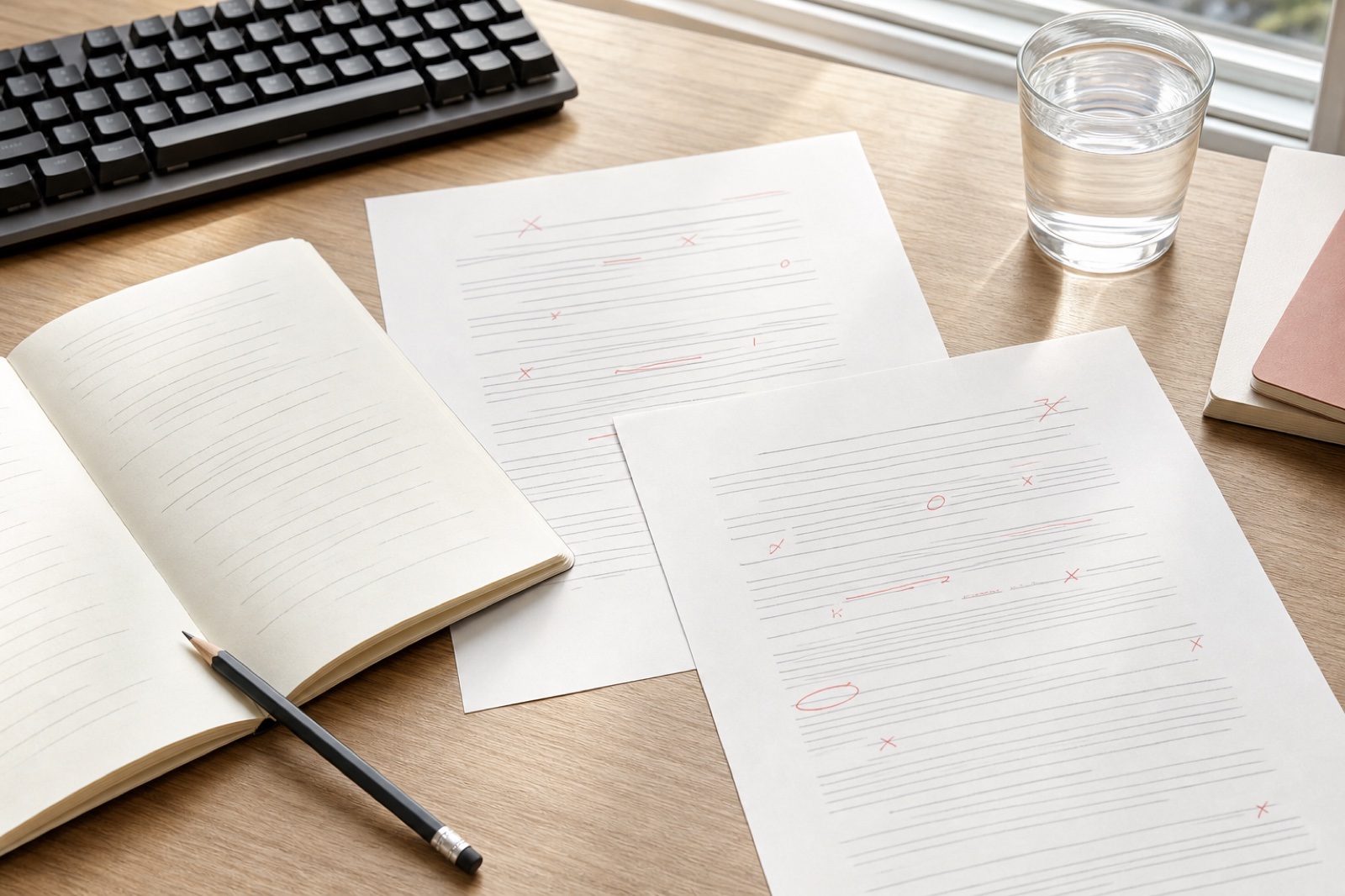 A clean editorial writing desk with drafts being simplified