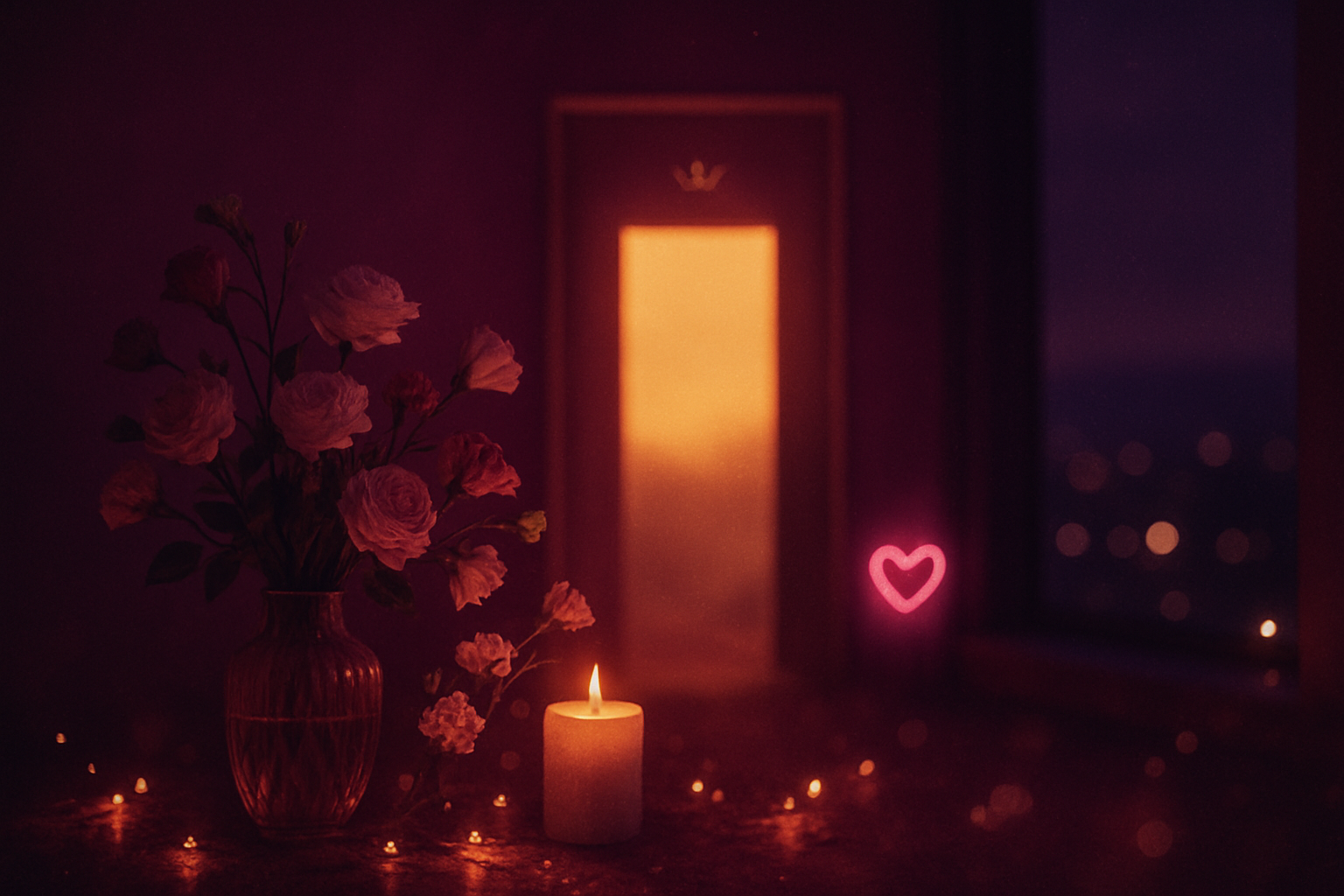 A softly glowing doorway of golden light in a blush-pink room, symbolizing stepping into something new